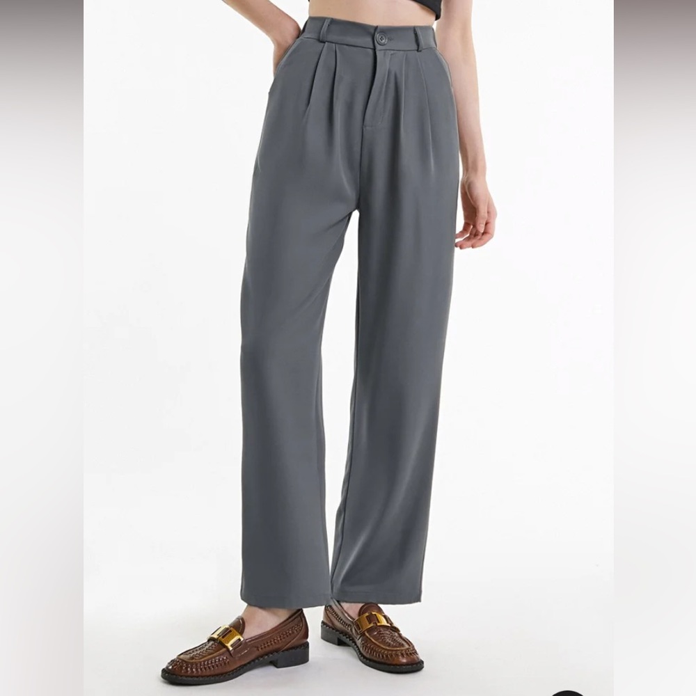 NWT J.ING Grey Half Elastic Pleat Detail Wide Leg Suit Pants - Picture 3 of 7